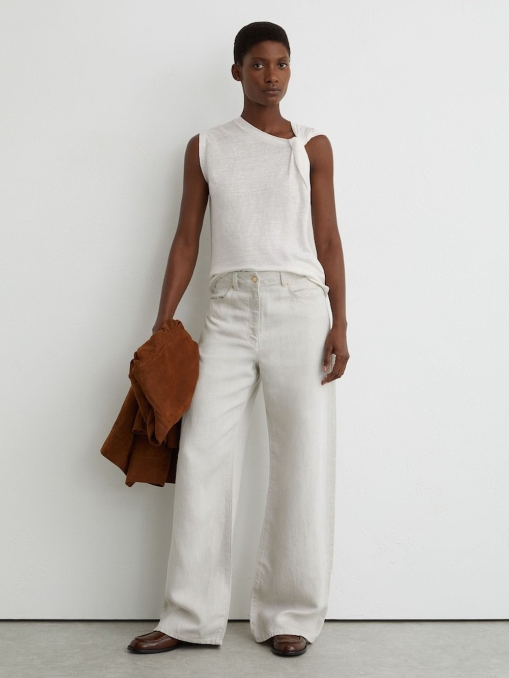 Reiss White Taylor Linen Twist-Detail T-Shirt S